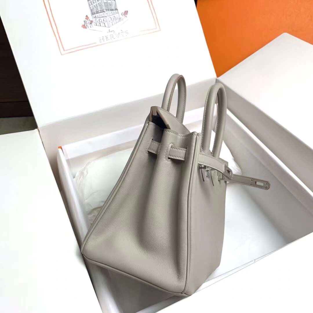 Hermes Birkin 25CM Swift Leather Handbag Light Grey 